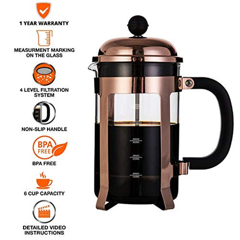 CopperStudio French Press Coffee Maker 1000 ML with Neoprene Sleeve for Extra Protection, Copper