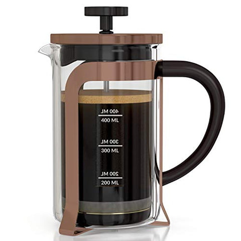 CopperStudio French Press Coffee Maker 600 ML, 4 Part Superior Filtration System, Heat Resistant Borosilicate Carafe with Measurement Markings, (Copper)