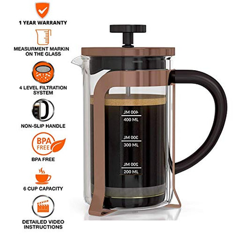 CopperStudio French Press Coffee Maker 600 ML, 4 Part Superior Filtration System, Heat Resistant Borosilicate Carafe with Measurement Markings, (Copper)